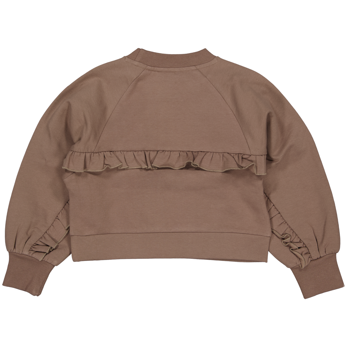 Levv: GRASTI: Korte trui brown dust / ruffles achterkant