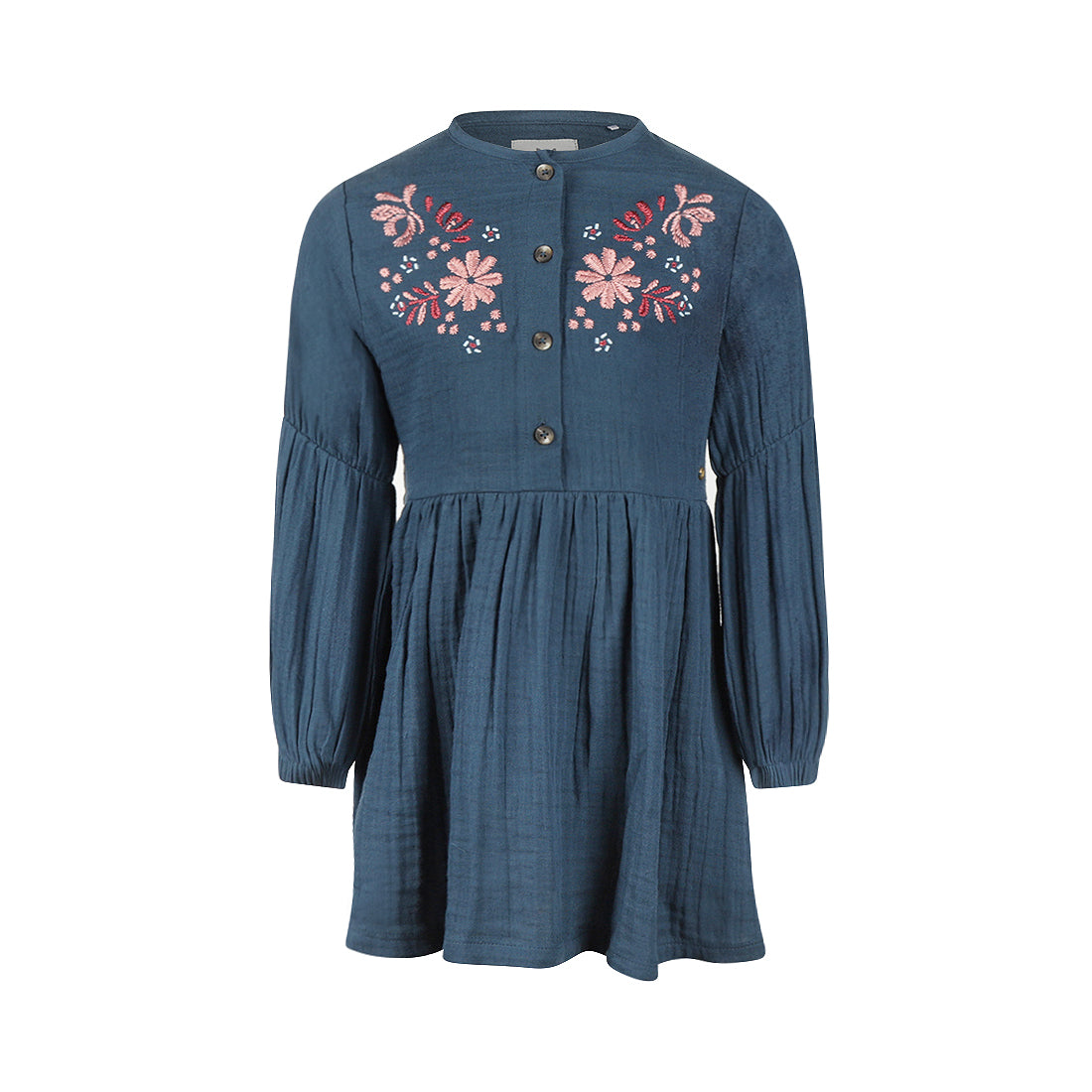 Koko Noko: jurk blauw bloemen borduursel