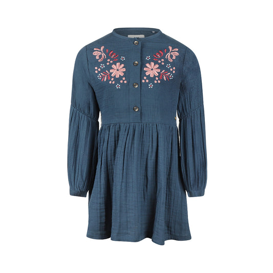 Koko Noko: jurk blauw bloemen borduursel
