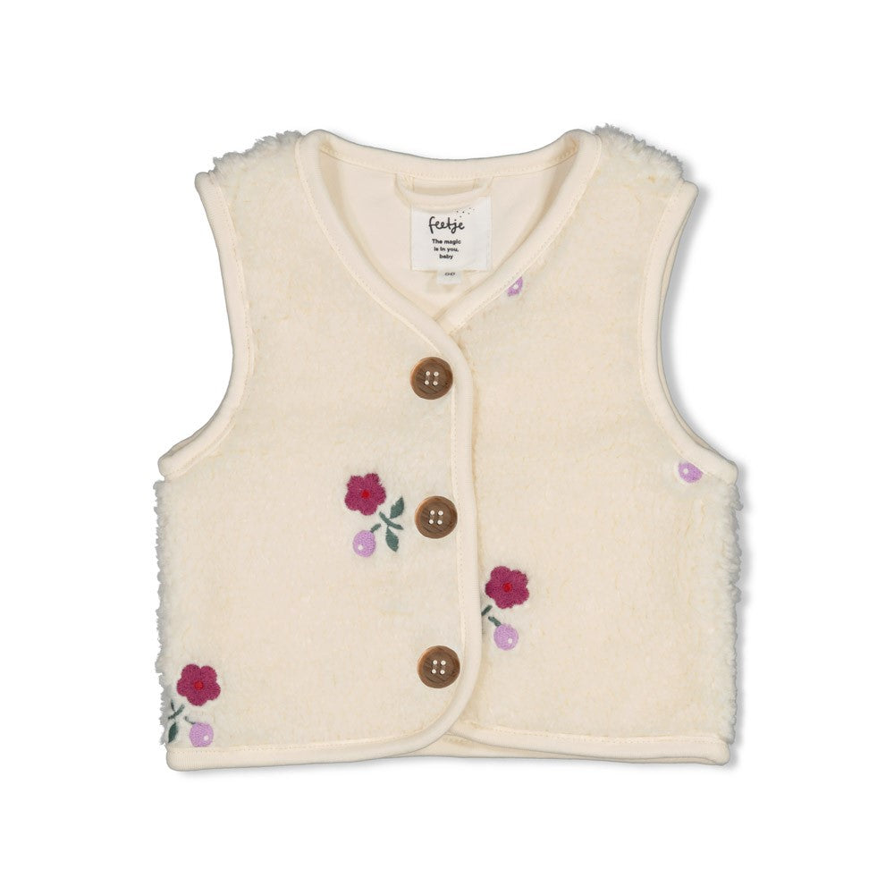 Feetje:Dress to impress: Teddy gillet met borduursels creme