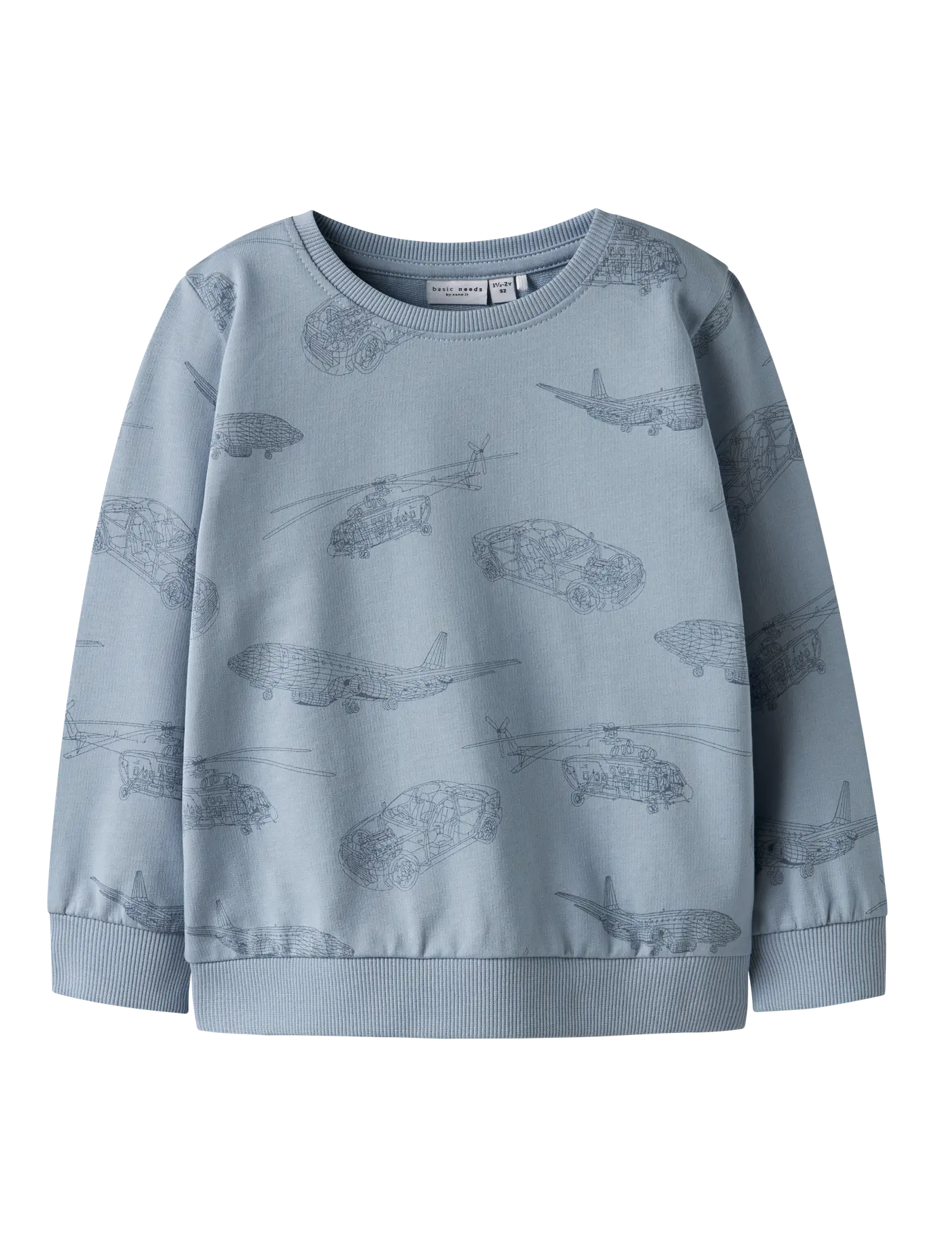 Name it: sweater dusty blue planes/cars