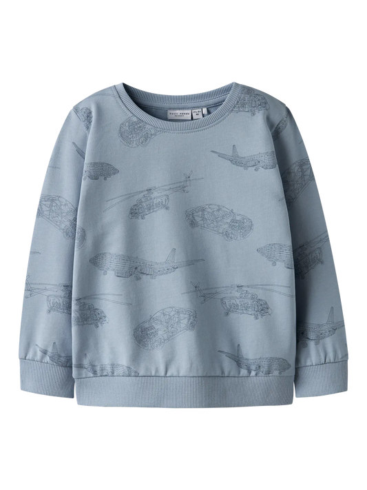 Name it: sweater dusty blue planes/cars