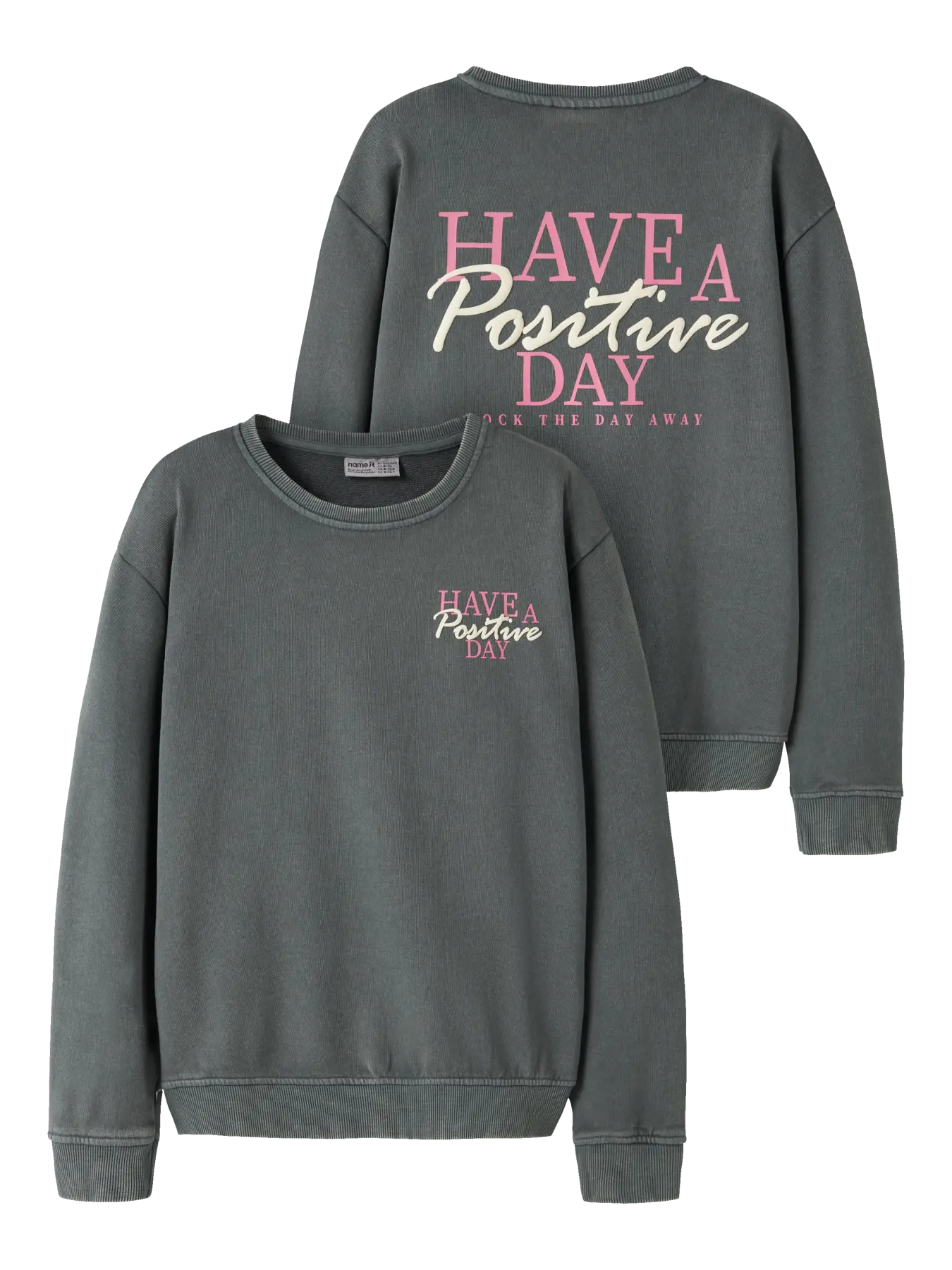 Name it: Sweater "Positive day" grey